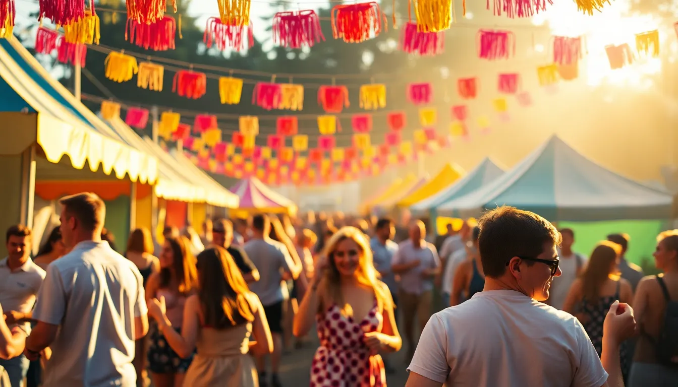 Whimsical Music Festival Scene In this vibrant image, a whimsical music festival comes to life with colorful tents and enthusiastic attendees dancing in the warm afternoon sun. The soft sunlight casts long shadows, giving the scene a magical quality. With a shallow depth of field, the joyful expressions of festival-goers stand out against a blurred backdrop of colorful festivities. The dynamic Dutch angle increases the sense of energy and excitement, making viewers feel as though they are part of the celebration.