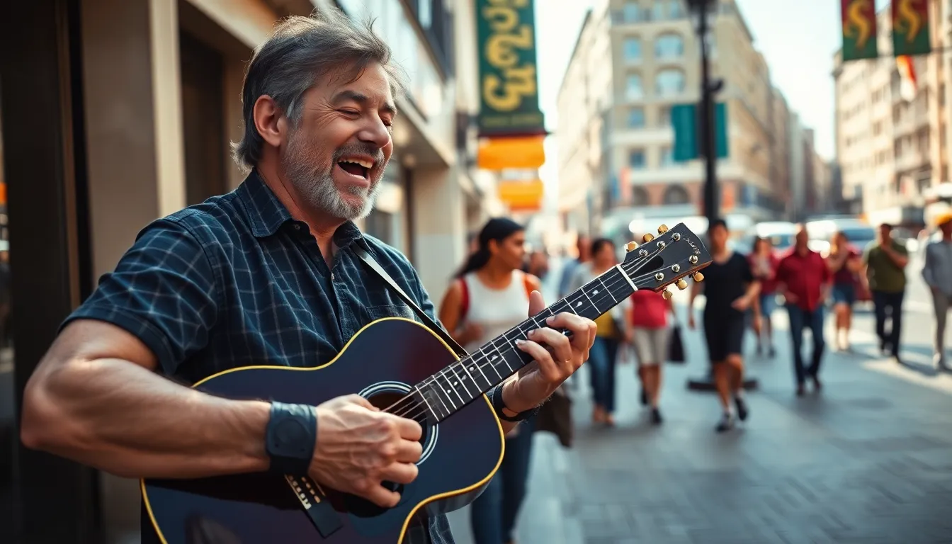 Urban Street Musician Performance A talented street musician engrossed in playing guitar, surrounded by the hustle and bustle of city life. Sunlight casts dramatic shadows, enhancing the musician's expressive features and the vibrant atmosphere. The image captures the essence of urban culture and the joy of street performances, with a vivid color palette reflecting the spirit of music and community. This scene embodies the dynamic relationship between art and everyday life.