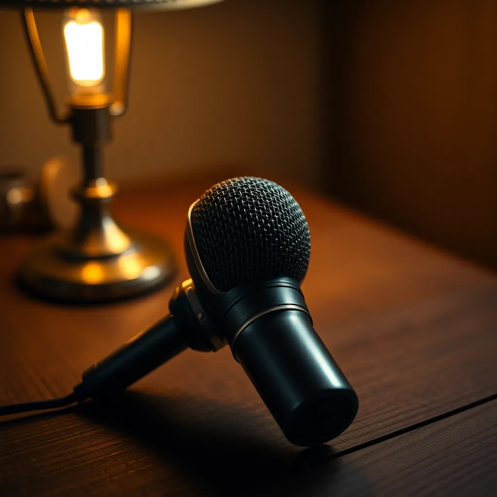Vintage Microphone Close-Up on a Textured Wooden Table