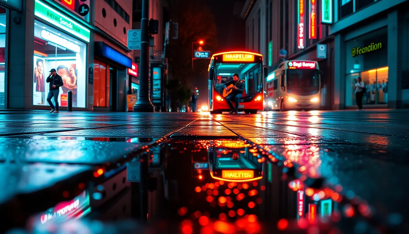Urban Street Musician Under Neon Lights
