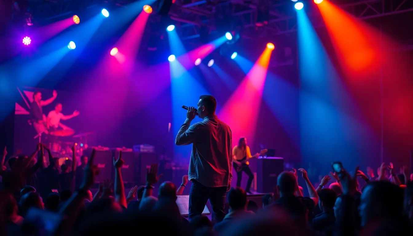 Rock Band Performing Live on Stage This dramatic image captures the electrifying energy of a rock band performing live on stage at night. Vibrant stage lights illuminate the scene, casting an array of colors that create an immersive atmosphere. With a sharp focus on the lead singer, the blurred cheering crowd enhances the feeling of excitement and movement within the frame. The cinematic color grading further amplifies the intensity of the moment, bringing the vibrancy of live music to life.