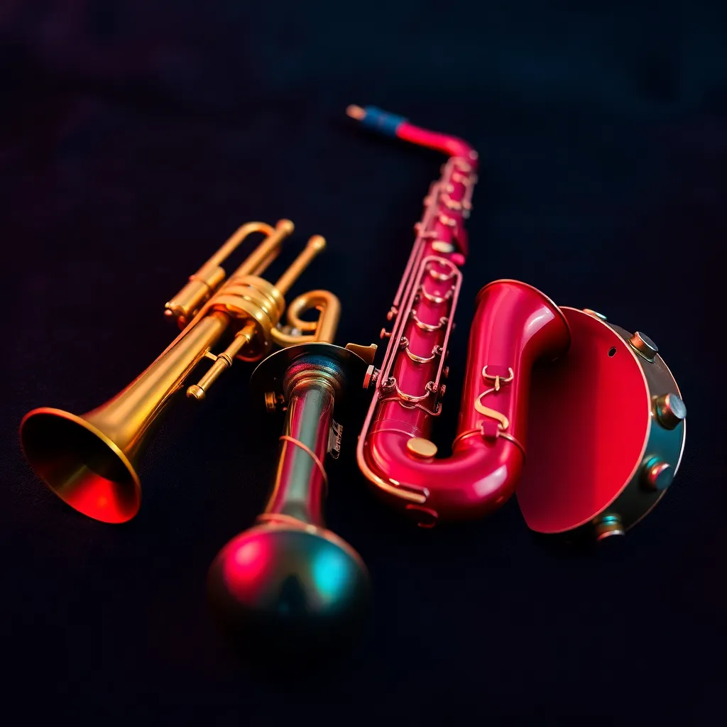 Colorful Musical Instruments Arrangement A stunning arrangement of vibrant musical instruments, including a trumpet and saxophone, elegantly placed on a dark velvet surface. The soft lighting accentuates their polished surfaces, creating a rich visual experience. A shallow depth of field draws attention to the intricate details of each instrument, while the luxurious color palette evokes a sense of elegance. This image beautifully encapsulates the beauty and artistry of music-making.
