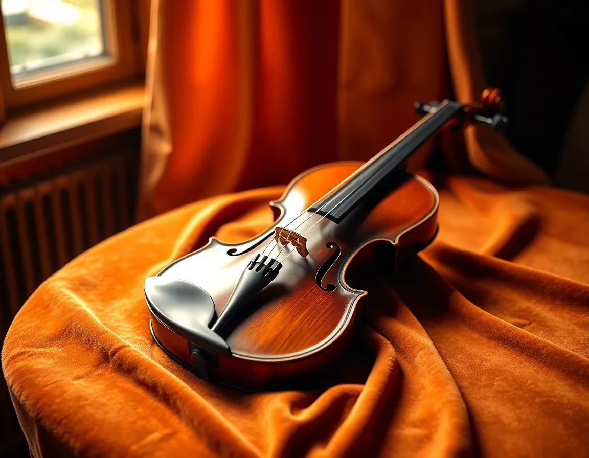 Hand-Crafted Violin on Velvet Table