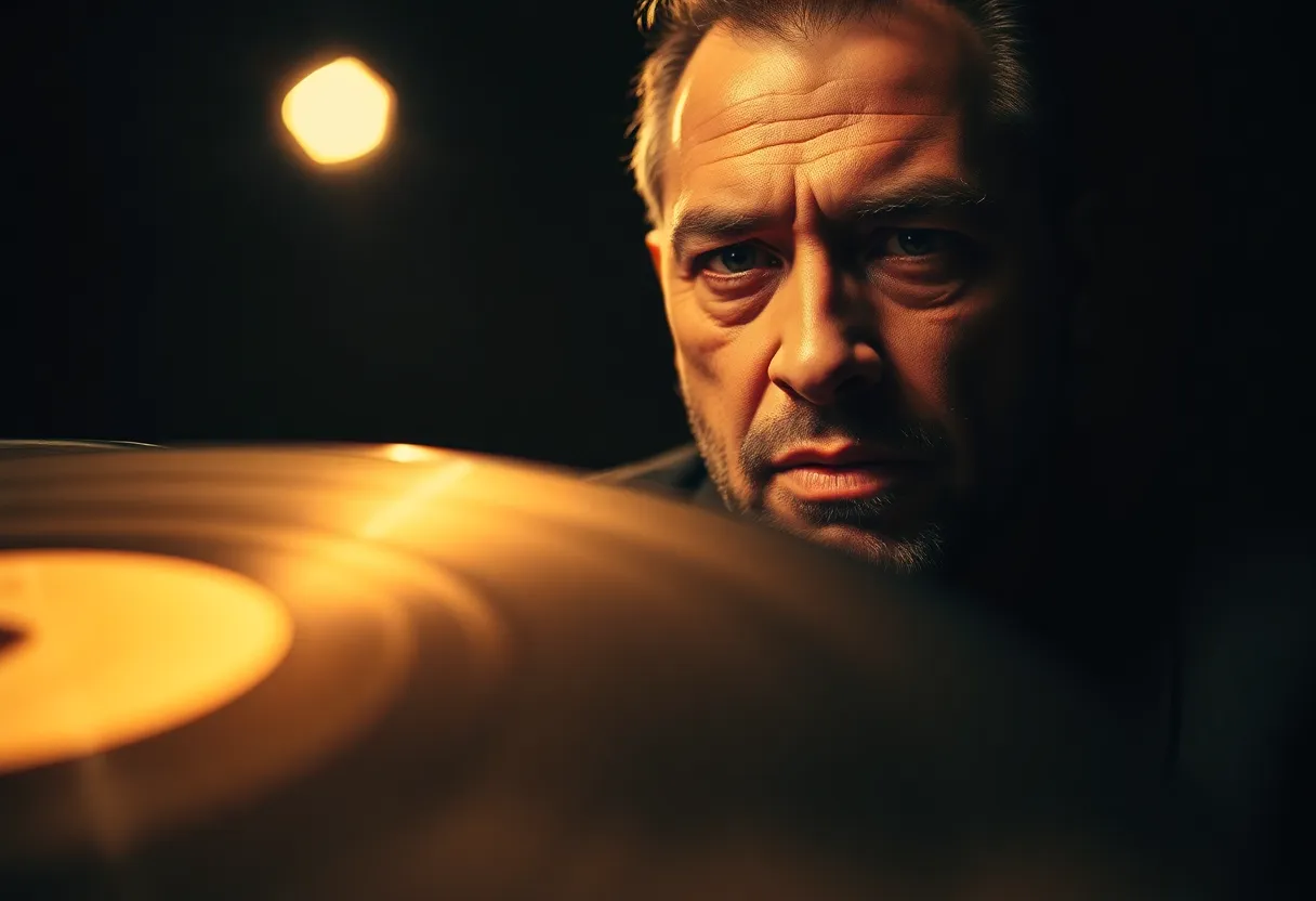 Vinyl Record Collector in Dimly Lit Studio