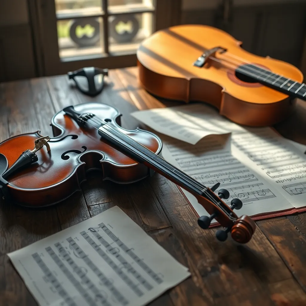 Musical Instruments Flat Lay on Rustic Table