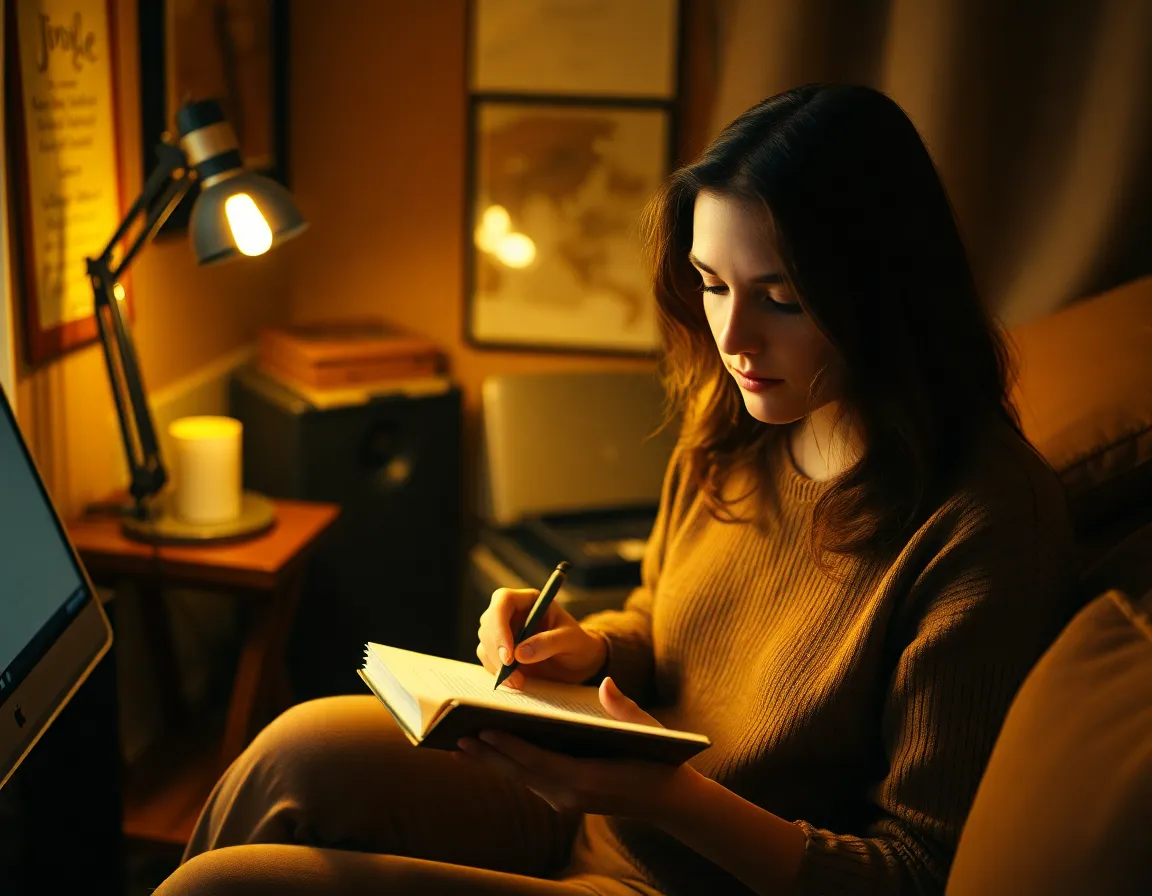 Solo Artist Composing Music at Home An intimate portrait of a solo artist deeply immersed in the songwriting process within a cozy home studio. The warm glow of a desk lamp casts gentle shadows, emphasizing the artist's thoughtful expression while writing lyrics. The scene is filled with natural tones and soft textures, creating a calming and inspiring atmosphere. This image beautifully highlights the personal and creative journey of music-making in a private space.