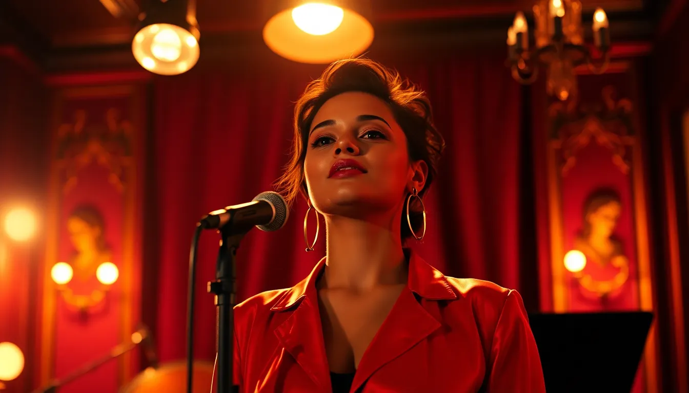 Jazz Singer Performing in Elegant Club This captivating image features a female jazz singer gracefully performing under a warm spotlight in an elegant jazz club. The intimate lighting creates a sultry atmosphere, accentuating the rich colors of her vibrant outfit and the club's decor. With a shallow depth of field, her expressive face shines as the background fades away, drawing attention to her performance. The centered composition highlights the elegance and sophistication of the setting, inviting viewers into a world of live jazz.