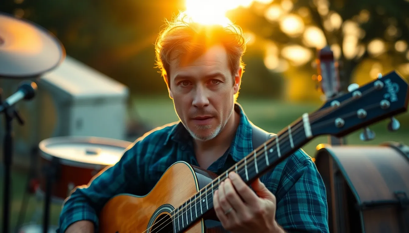 Musician at Sunset Surrounded by Instruments