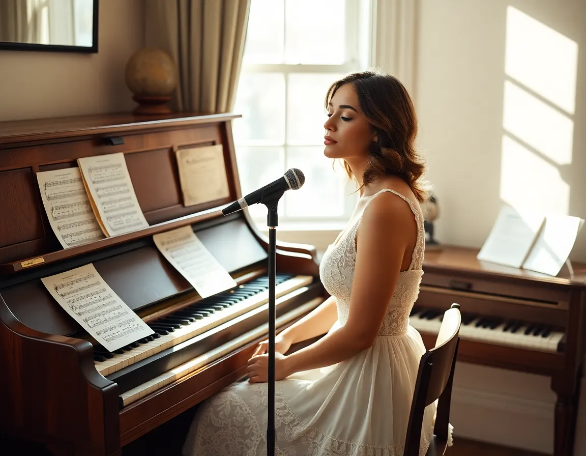 Singer at a Vintage Piano A female singer sits gracefully at a vintage piano in a softly lit room filled with natural morning light. The warm tones of her skin and the intricate textures of her lace dress complement the polished wood of the piano. Sheet music is scattered across the surface, hinting at creativity and inspiration. The symmetrical composition draws the viewer's eye, making it a serene and intimate moment captured in time.