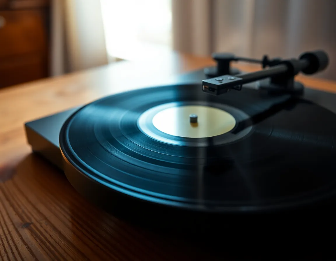 Classic Vinyl Record Player A close-up view of a vintage vinyl record player, featuring a gently spinning record. The soft daylight creates a warm, inviting atmosphere, illuminating the intricate grooves of the vinyl and the needle. Natural muted tones enhance the nostalgic feel of the scene, while the textured wooden surface adds depth. This image beautifully encapsulates the charm of analog music in an age of digital sound.
