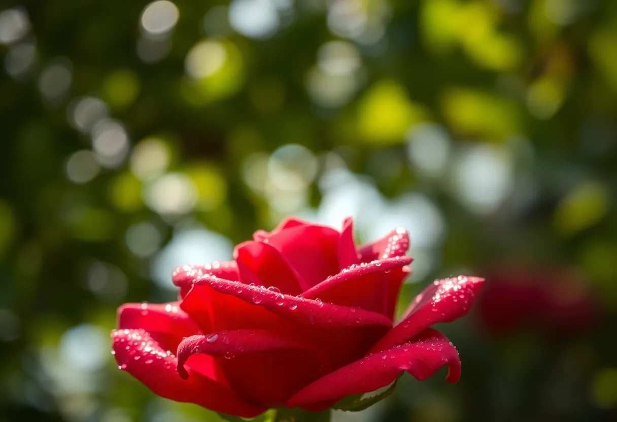 This stunning close-up photograph features a single rose glistening with raindrops after a rainfall. Dappled sunlight highlights the delicate textures of the petals, creating a rich interplay of color. The softly blurred background enhances the rose's vibrant hues, drawing the viewer's focus to its beauty. This image captures a moment of serenity and romance, showcasing nature's beauty in the rain.