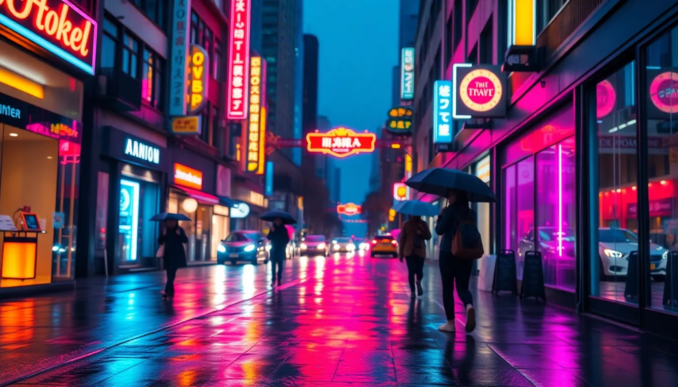 Discover the vibrant essence of a rainy urban landscape, where neon lights reflect off wet pavement, transforming the scene into a colorful spectacle. Captured in sharp detail, this image features pedestrians briskly walking under umbrellas, contributing to the lively city atmosphere. The saturated colors evoke a cinematic appeal, transporting viewers to a bustling night in the city. This photograph encapsulates the beauty of rain amidst an urban setting, ideal for cityscape enthusiasts.