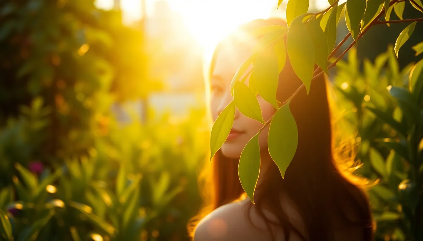 This image captures a peaceful garden scene just after a light rain, showcasing vibrant green leaves adorned with morning dew droplets. The warm backlighting from the golden hour enhances the tranquil ambiance, while the soft focus background adds depth. The warm tones and lifted shadows create a soothing color palette. The composition is centered, drawing the viewer's attention to the intricate details of the leaves, making it perfect for nature enthusiasts.
