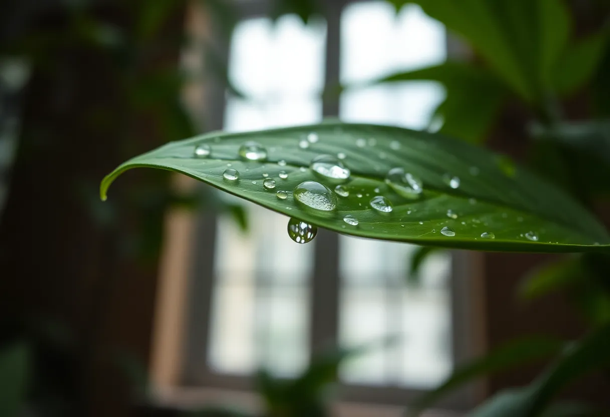 This image showcases a close-up view of raindrops delicately perched on a vibrant green leaf amidst overcast weather. The soft diffused daylight enhances the natural beauty of the droplets, each reflecting a soft glow. The shallow depth of field isolates the main leaf, creating a serene and tranquil mood that draws the viewer in. The overall color palette is muted, reinforcing the calm atmosphere of a rainy day.