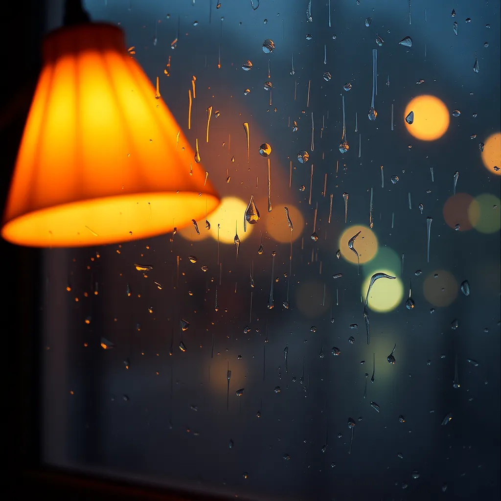 This close-up image features a rain-streaked window, beautifully illuminated by a warm tungsten lamp that highlights the shimmering raindrops. The selective focus draws attention to the water droplets, creating a sense of intimacy and warmth in the scene. The creamy, warm color tones provide a comforting contrast to the cool, wet outside, making it an inviting image perfect for evoking cozy indoor vibes.