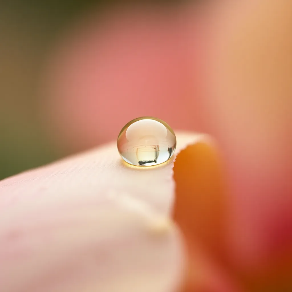 This stunning close-up photograph captures a solitary raindrop delicately perched on a flower petal, reflecting the vivid colors of the surrounding flora. Soft, diffused lighting highlights the intricate textures of the petal while creating an ethereal atmosphere. With a shallow depth of field, the background melts away into a creamy bokeh, drawing attention to the striking details of the raindrop. This image beautifully celebrates the delicate interplay of nature and water, encapsulating a moment of tranquility.