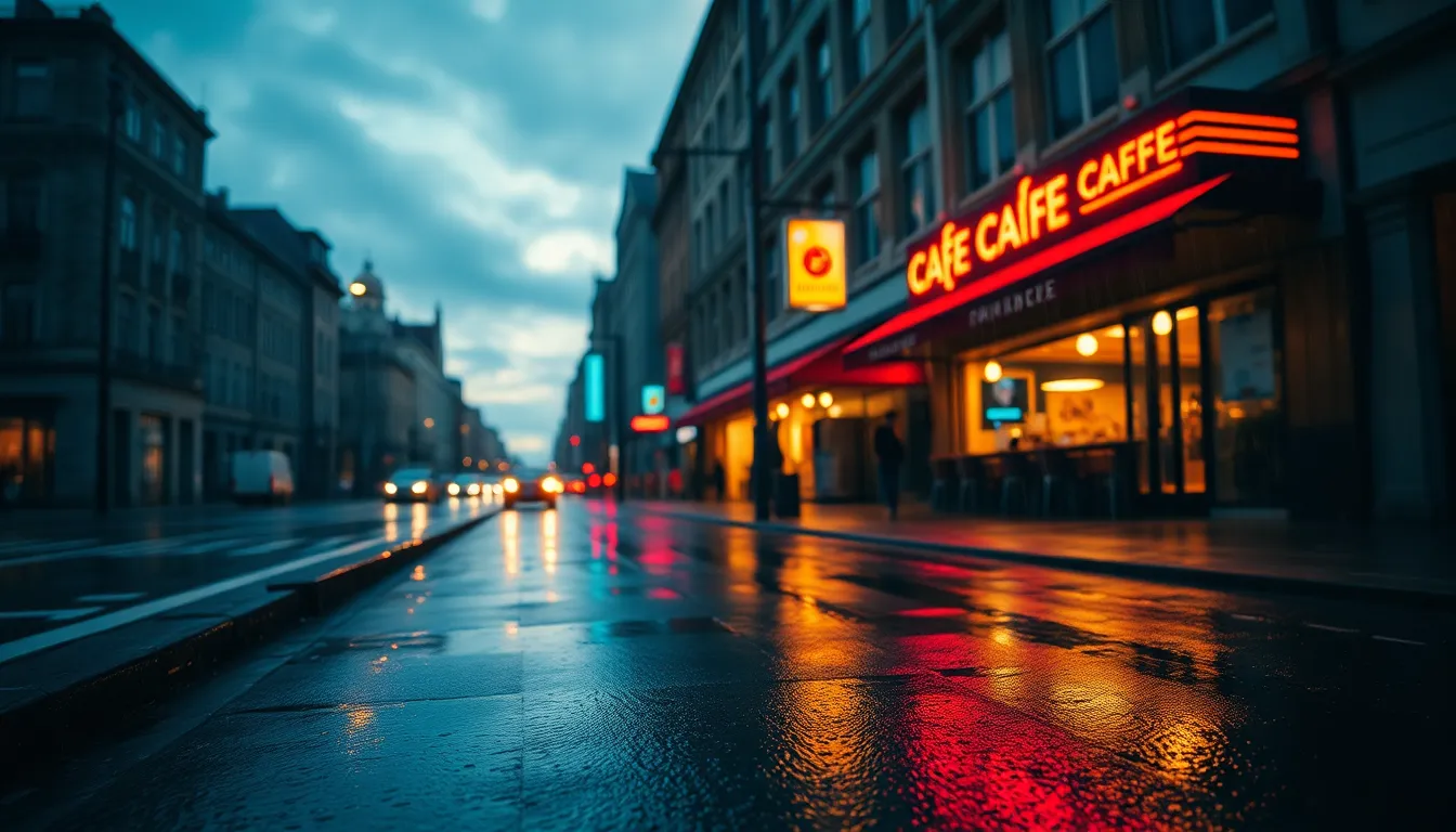 This dynamic cityscape captures the vibrant energy of a rainy evening. Neon lights are mirrored in the wet streets, creating a stunning visual contrast with the overcast sky. The warm glow from a nearby café invites passersby into its cozy atmosphere, while the blurred background amplifies the sense of bustling urban life. The image conveys a rich, cinematic mood that immerses viewers in the experience of a rainy night.