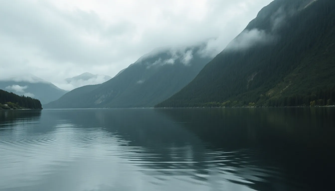 This tranquil image presents a serene lake surrounded by majestic mountains, enveloped in a gentle rain shower. The rippling water reflects the surrounding greenery and the mist rising from the peaks, creating a mystical mood. Natural light filtering through the rainclouds provides a muted palette of soft greens and grays, enhancing the peaceful atmosphere. The centered symmetrical composition draws attention to the gorgeous reflection of the mountains in the lake, inviting viewers into this serene natural setting.