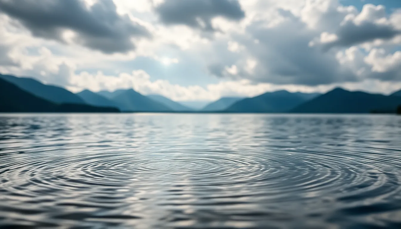 This peaceful image captures a serene lake nestled among majestic mountains, with light rain creating gentle ripples on its surface. The soft, diffused light adds a dreamy quality, while the muted colors evoke a calm atmosphere. Focusing on the water enhances the tranquility, allowing the viewer to feel immersed in nature. The composition beautifully balances the foreground lake with the stunning backdrop of mountains, creating a harmonious scene.