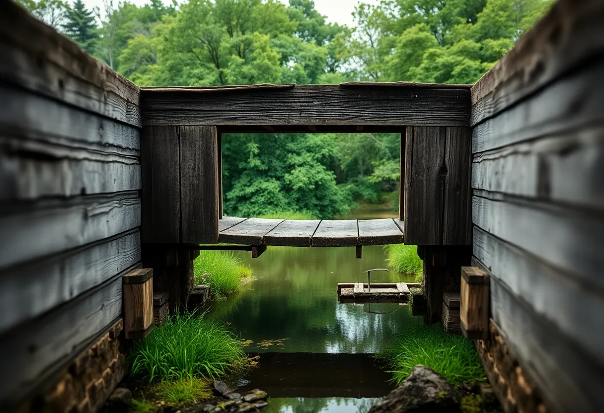 A captivating view of an old wooden bridge gracefully spanning a small river, surrounded by lush greenery during light rain. The soft, diffused light from the overcast sky enhances the rough texture of the weathered wood, creating a rustic ambiance. A tilt-shift effect adds a unique perspective, drawing the viewer's eye to the serene reflections in the water. This image embodies the tranquility and beauty of the countryside, inviting viewers to experience the peacefulness of nature during rainfall.