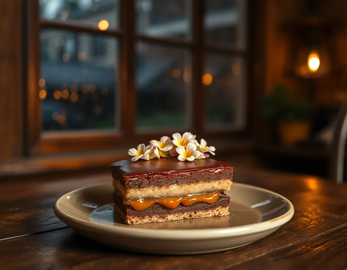 This inviting image showcases a sumptuous dessert adorned with caramel and garnished with edible flowers, presented on a rustic wooden table. The warm lighting creates a cozy ambiance, contrasted by the gentle rain falling outside the window. Rich browns and golds dominate the color scheme, enhancing the feeling of indulgence. The shallow depth of field focuses on the dessert, inviting viewers to savor the detail and texture.