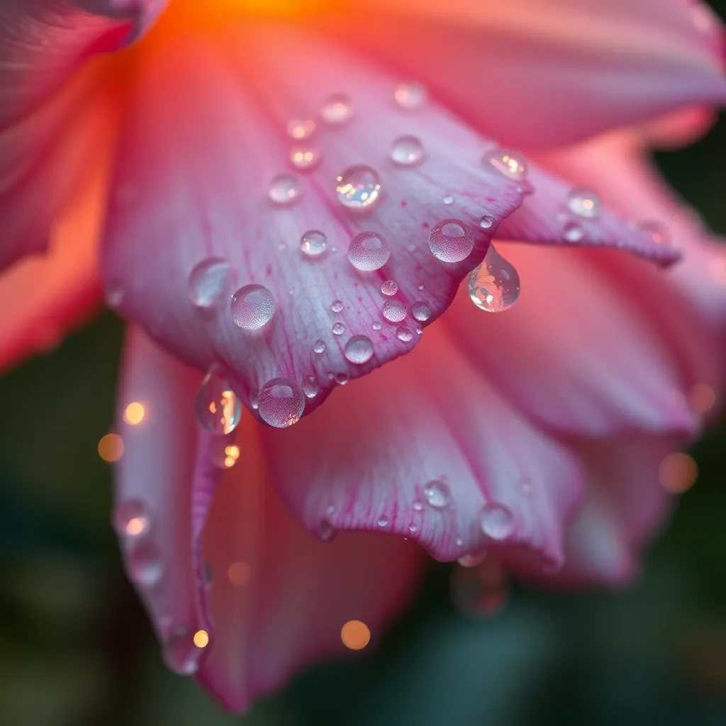In this breathtaking close-up image, a beautiful flower is captured dripping with rainwater, showcasing glistening droplets on its delicate petals. The petals display soft pink and white hues, illuminated by golden hour backlighting that enhances their vibrancy. A shallow depth of field focuses attention on the intricate details of the flower while creating a dreamy background. The soft textures and radiant raindrops evoke a sense of freshness and beauty in this natural setting, inviting viewers to appreciate the delicate nuances of nature.
