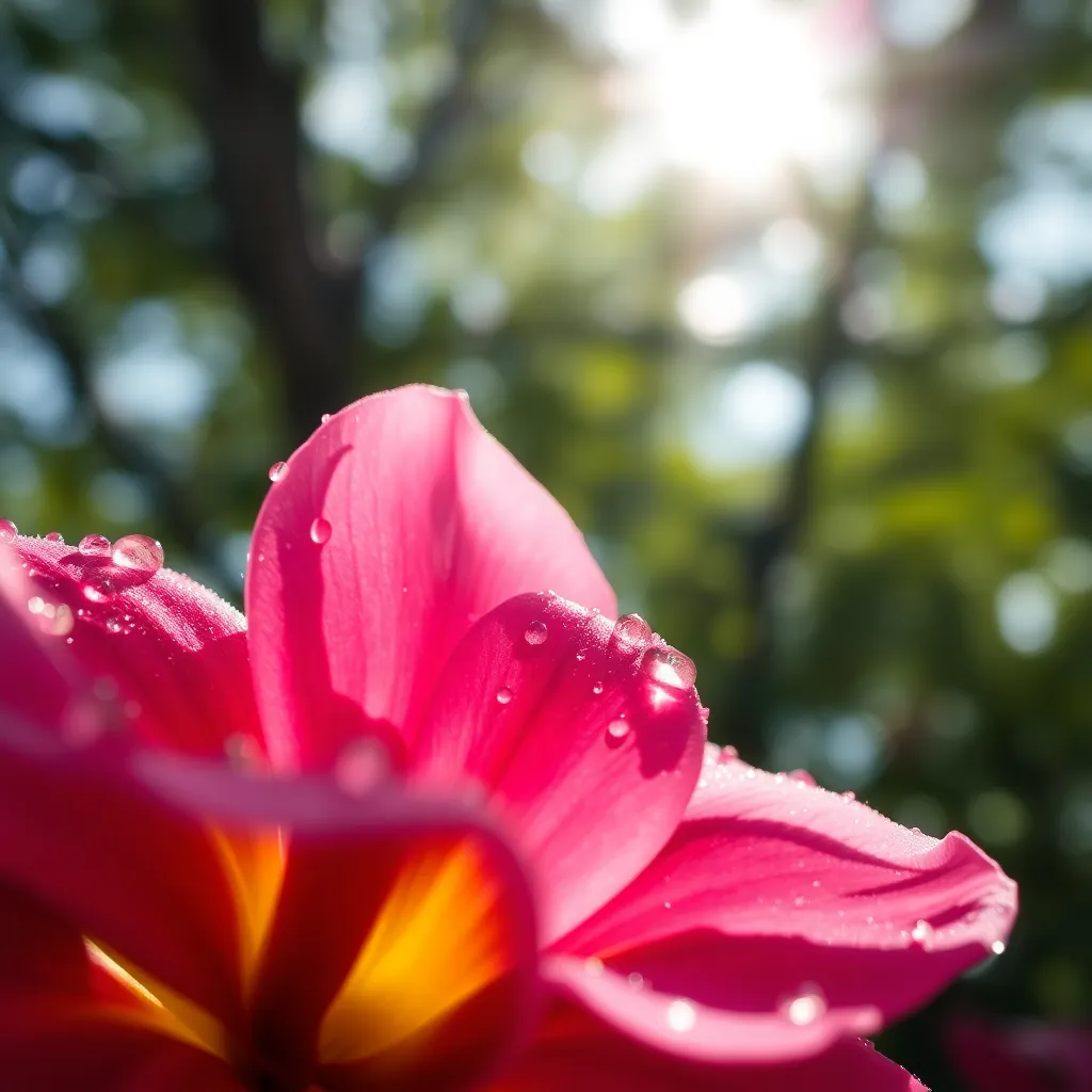 This stunning macro image captures the intricate details of raindrops clinging to blossoming flower petals, showcasing nature's delicate beauty. Dappled sunlight filters through surrounding foliage, adding dreamy bokeh highlights to the scene. Rich, saturated colors of the flower contrast beautifully with the clear droplets, emphasizing their glistening texture. This photograph invites viewers into the enchanting world of macro photography, highlighting the exquisite details often overlooked in nature.