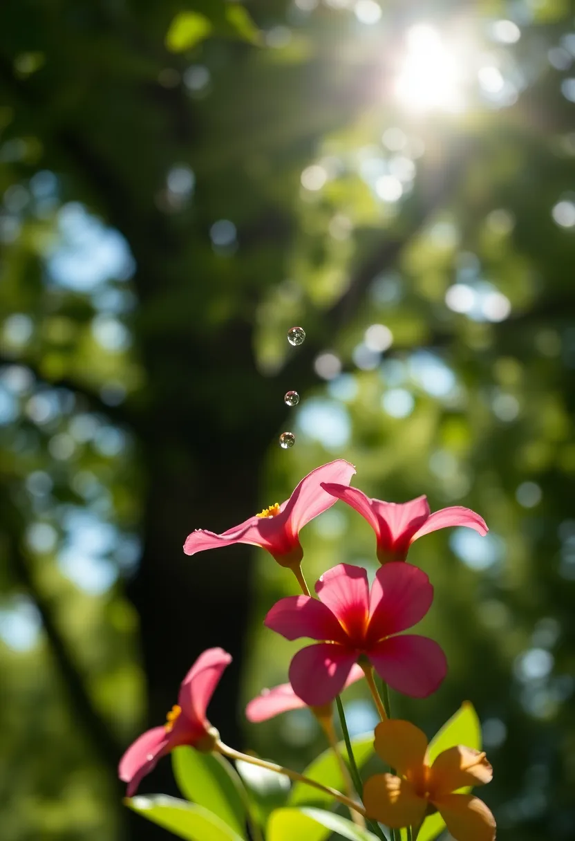 This captivating macro image brings to life a variety of vibrant flowers adorned with raindrops. The dappled sunlight filtering through the leaves creates a magical bokeh backdrop, enhancing the colors of the petals. The shallow depth of field focuses on the delicate details of the flowers, showcasing nature's beauty amidst gentle rainfall.
