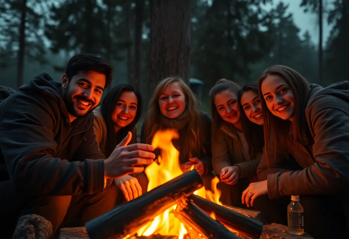 This vibrant image captures a heartfelt moment of friends gathered around a campfire during a light rain, their faces illuminated by flickering firelight. The Dutch angle composition introduces dynamic tension, emphasizing their joyous expressions amidst the intimate setting. Natural muted tones enhance the earthy atmosphere, while raindrops glisten with reflections of the warm firelight. This image beautifully encapsulates camaraderie and warmth, making it ideal for lifestyle or outdoor-themed content.