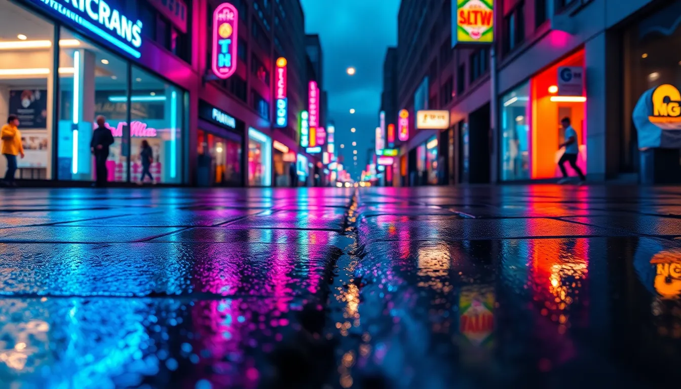 This dynamic image captures a city street under a rain-soaked atmosphere, with vibrant neon signage reflecting in the puddles on the pavement. The use of a Dutch angle adds energy to the composition, creating a sense of movement across the slick surface. The color grading enhances the contrast of teal and orange against the rich blues and magentas of the reflections. The sharp macro focus reveals intricate details in the water droplets, enriching the scene's texture.