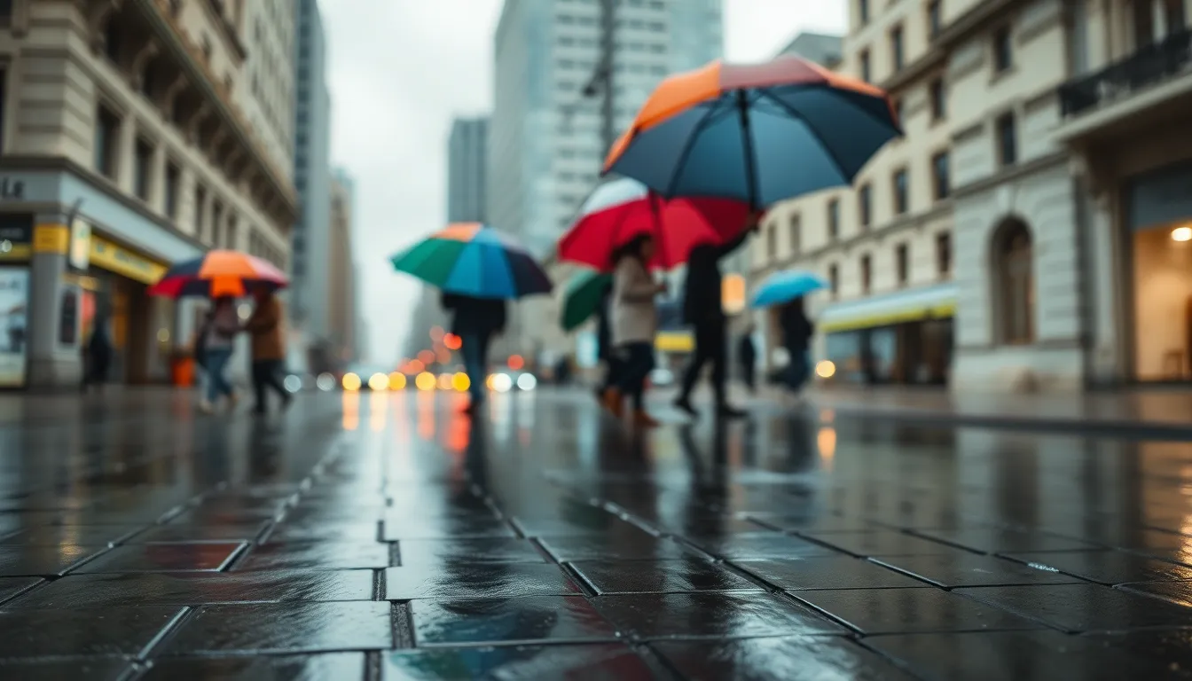 An inviting street scene captures the vibrancy of colorful umbrellas dotting a rain-soaked urban landscape. The diffused daylight creates a soft, even light, enhancing the muted tones of the wet pavement while adding a touch of warmth to the umbrellas. Reflections shimmer on the ground, creating a dynamic composition that draws the viewer into the urban environment. This image perfectly encapsulates the charm of city life during rain.