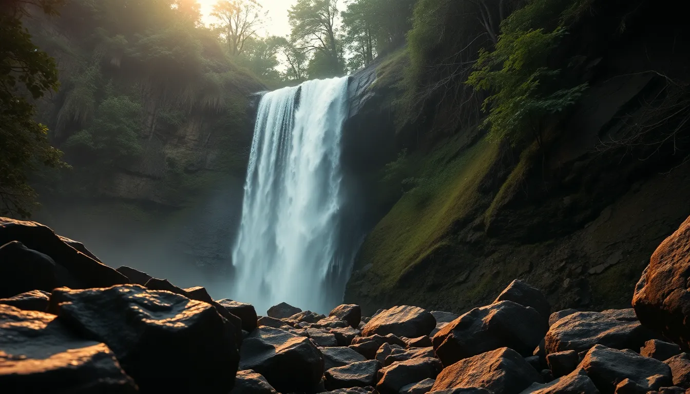 This stunning image captures a majestic waterfall in a lush landscape, accentuated by rain and mist. The natural lighting creates a serene ambiance, with muted earth tones enhancing the beauty of the scene. The symmetrical composition draws the viewer’s focus to the waterfall surrounded by greenery, bringing forth a sense of tranquility.