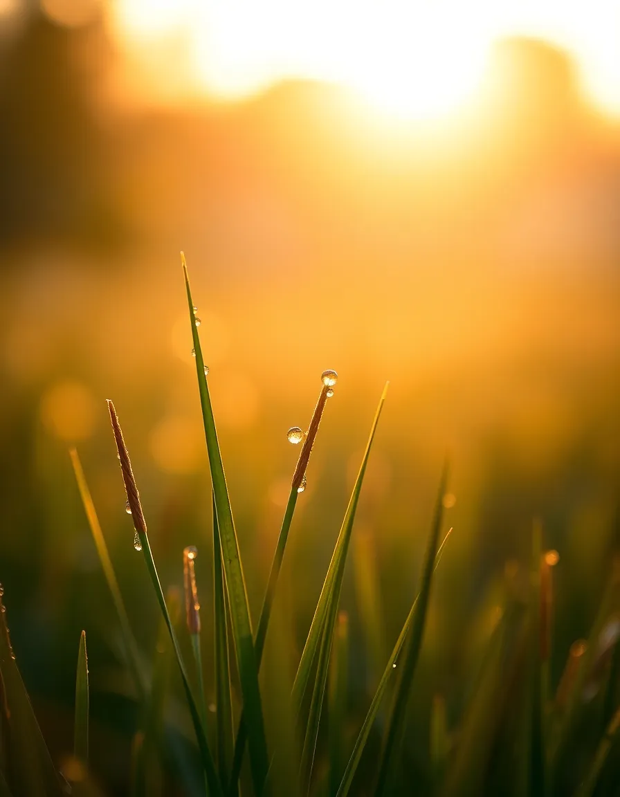 A captivating close-up of grass blades laden with glistening raindrops, illuminated by the golden hour's warm backlight. The droplets appear like jewels, catching the light and creating a magical atmosphere. The gentle bokeh of the background accentuates the clarity and detail of the grass, showcasing nature's beauty in the aftermath of a refreshing rain. This image exudes tranquility and warmth.