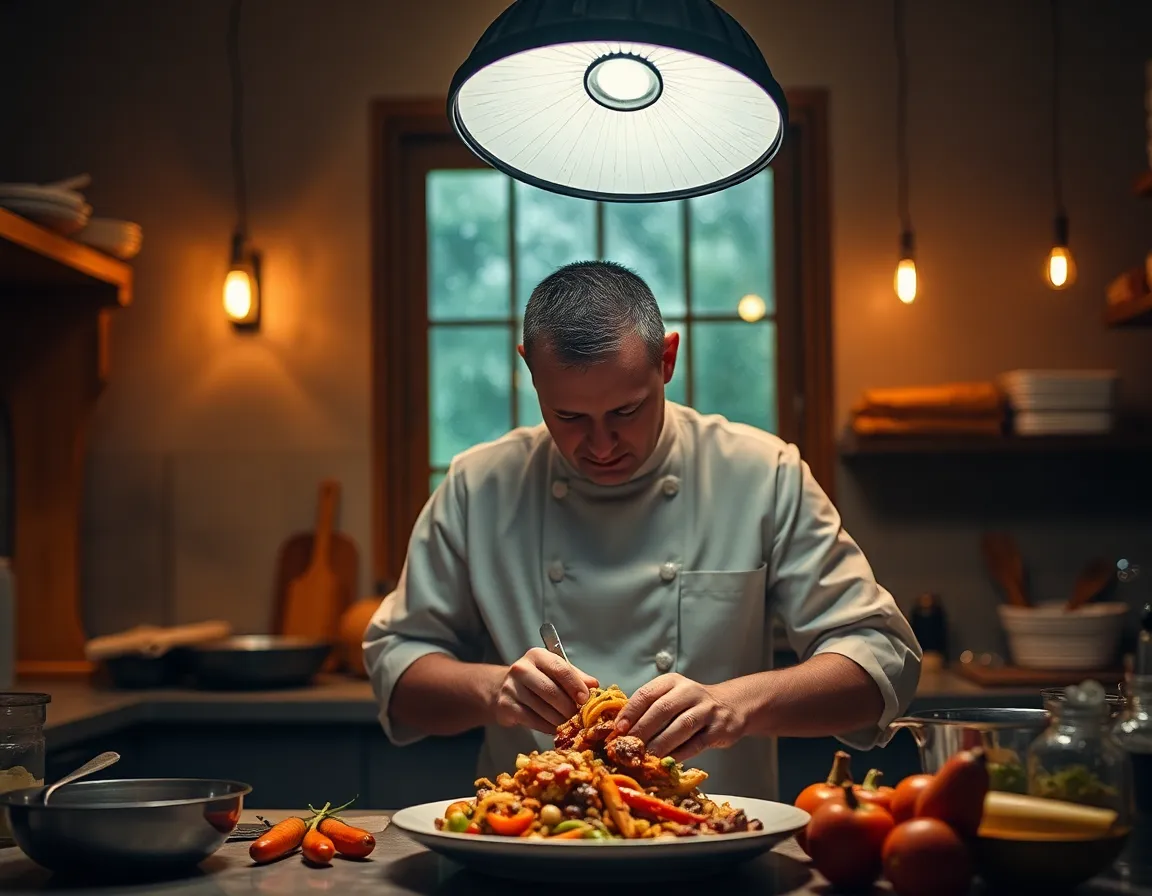 This cozy kitchen scene depicts a chef skillfully preparing a dish while the rain gently falls outside the window. The soft lighting creates a warm ambiance, enhancing the natural textures of the fresh ingredients spread around. A shallow depth of field directs attention to the chef's concentrated expression and meticulous movements, framing them in a centered layout. The use of warm earthy tones contributes to a sense of home and comfort, inviting viewers to appreciate the artistry of cooking in a rainy setting.