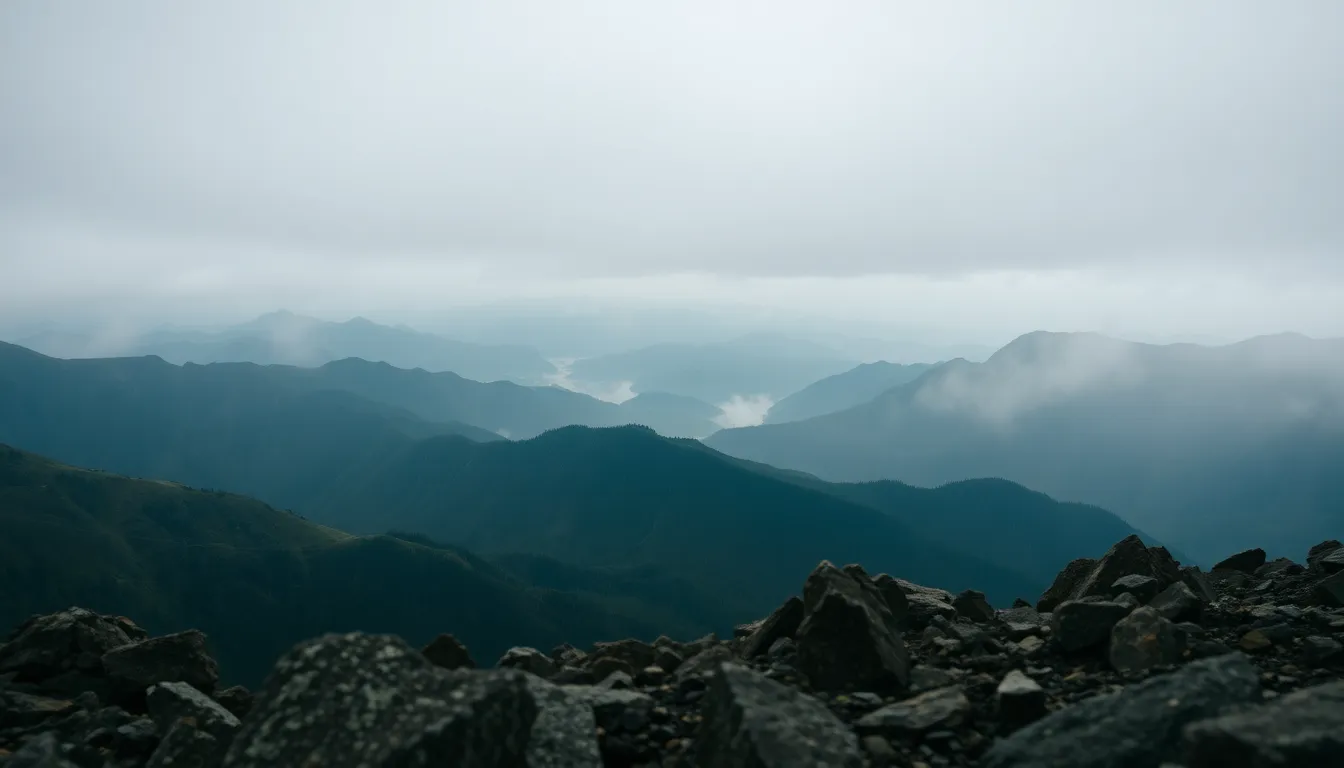 This stunning image depicts a rugged mountain landscape enveloped in rain and mist. The overcast sky sets a dramatic mood, while layers of mountains create a sense of depth and atmosphere. Muted earth tones dominate the scene, reflecting nature's raw beauty amidst the weather. The composition guides the viewer's gaze through the rugged terrain towards the distant peaks, enhancing the majestic feeling of the wilderness.