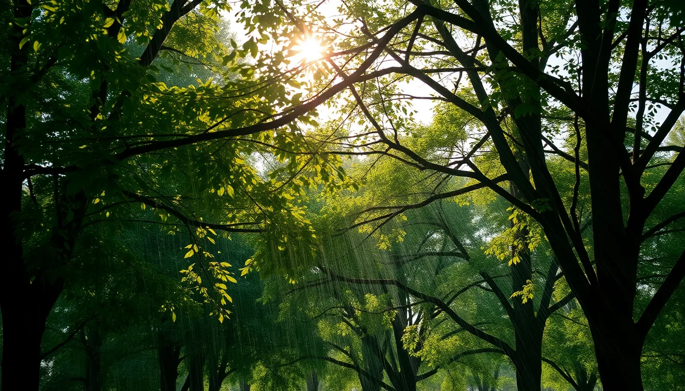 This stunning image showcases a field of vibrant red tulips, caught in a gentle rain with soft droplets clinging to their petals. The dappled sunlight filtering through the tree canopy creates a magical bokeh effect in the background, enhanced by saturated colors reminiscent of Fujifilm Velvia film. The tulips are artfully positioned using the rule of thirds, drawing the viewer’s eye while conveying a sense of freshness and vitality synonymous with springtime blooms.