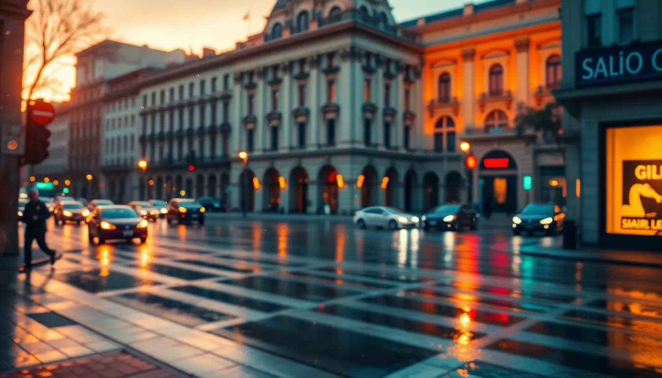 This dramatic urban scene captures reflections on a rain-soaked street during golden hour. As raindrops glisten, warm light wraps around the buildings, creating a beautiful contrast against the cooler blues of the evening sky. The use of depth and leading lines guides the viewer's eye toward the historic architecture reflected on the glossy pavement.