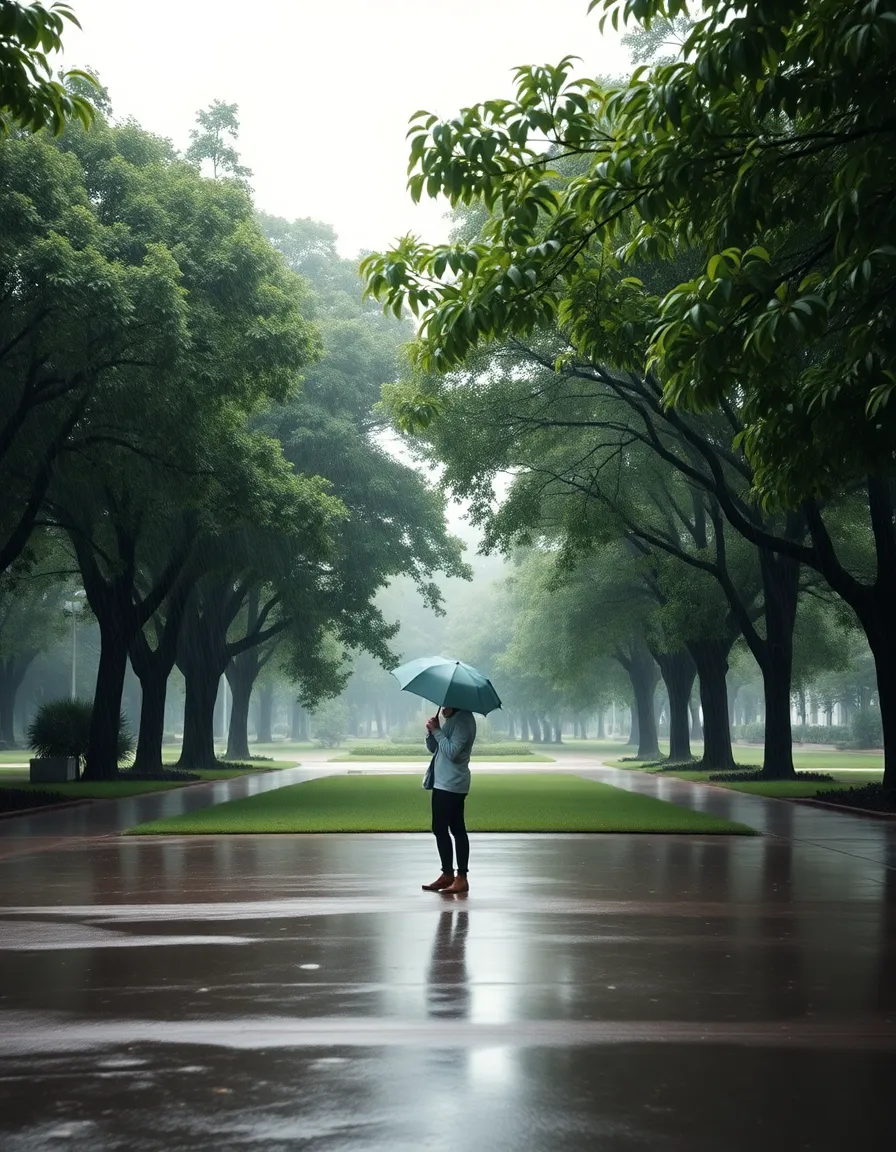 This peaceful image showcases a solitary figure holding an umbrella in a rain-soaked park, evoking tranquility and introspection. Soft daylight filters through the overcast sky, enhancing the lush greenery that surrounds the subject. The muted earth tones promote a calm, contemplative mood, inviting viewers to connect with the scene. With exquisite detail captured in both the figure and the glistening leaves, this photograph perfectly encapsulates the serene beauty of a rainy day in nature.