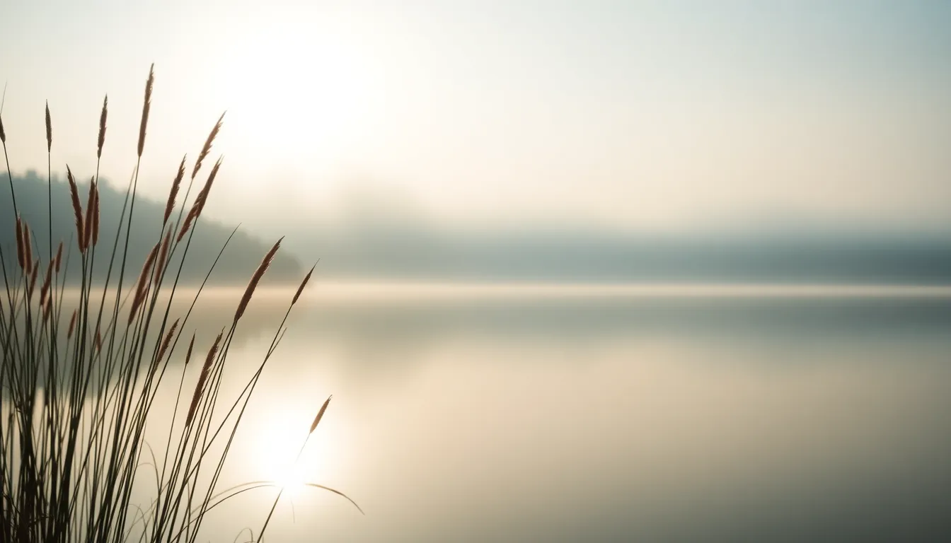 This tranquil landscape photograph captures a serene lakeside scene enveloped in morning mist after a gentle rain. The soft diffused light creates an ethereal mood, with the sun's early rays beginning to pierce through the fog. The water reflects the muted greens and blues of nature, enhancing the calm atmosphere. A wide composition allows for an expansive view of the lake, making the viewer feel as if they are standing right there.