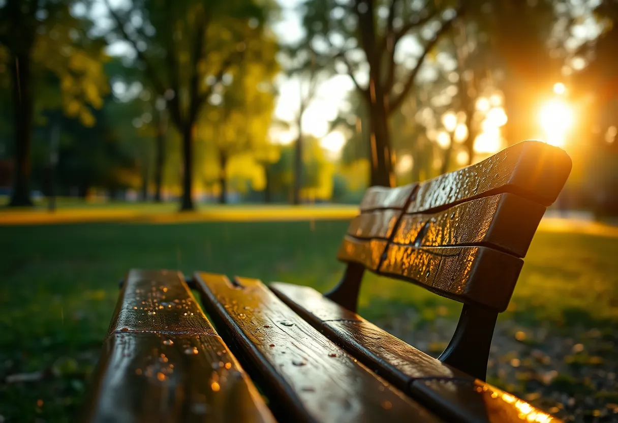 This evocative image features a rustic wooden bench, invitingly wet from a recent rain shower in a tranquil park. Warm sunlight reflects off the bench's surface, creating a cozy ambiance. The blurred greenery in the background adds depth and context, enhancing the peaceful mood of the scene. The rich textures of wood and water droplets provide a tactile element, making the viewer feel immersed in the atmosphere.