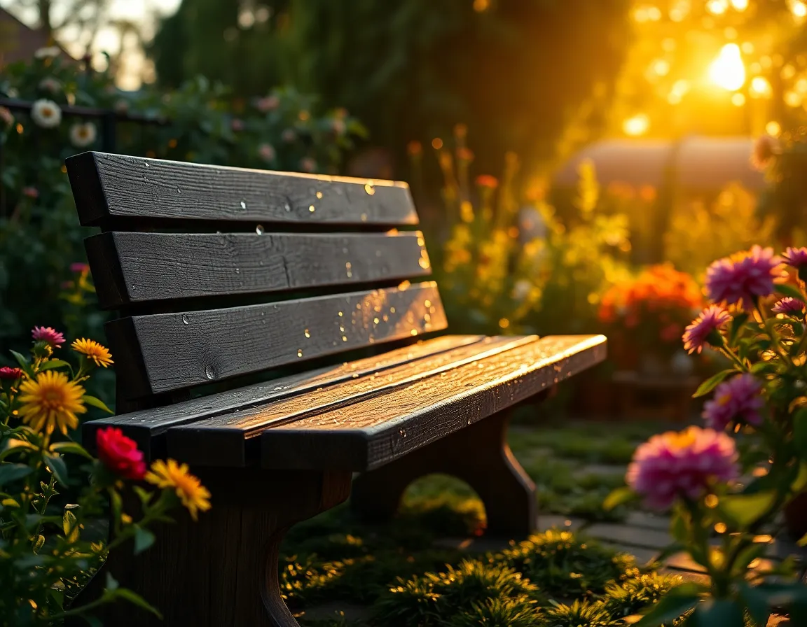This inviting photograph features a rustic wooden bench nestled in a lush garden following a light rain. Warm golden hour light creates a captivating atmosphere, highlighting the glistening raindrops on the wood. The warm autumn colors and vivid greens enhance the nostalgic feel of the scene. With a thoughtful composition that draws attention to the bench, this image epitomizes a peaceful retreat into nature.