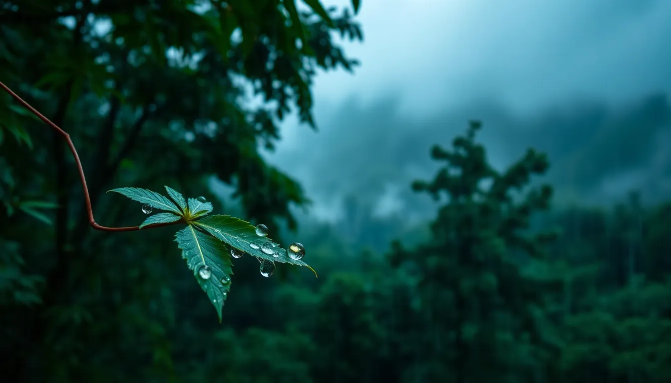 This captivating image features heavy rain cascading on vibrant green leaves, creating a stunning contrast against an overcast sky. The soft light enhances the deep greens and muted grays of the wet foliage. The composition beautifully highlights the droplets as they cling to the leaves, capturing the moment in exquisite detail. Ideal for nature lovers, this photograph conveys the beauty of a rainy day embodied in lush greenery.