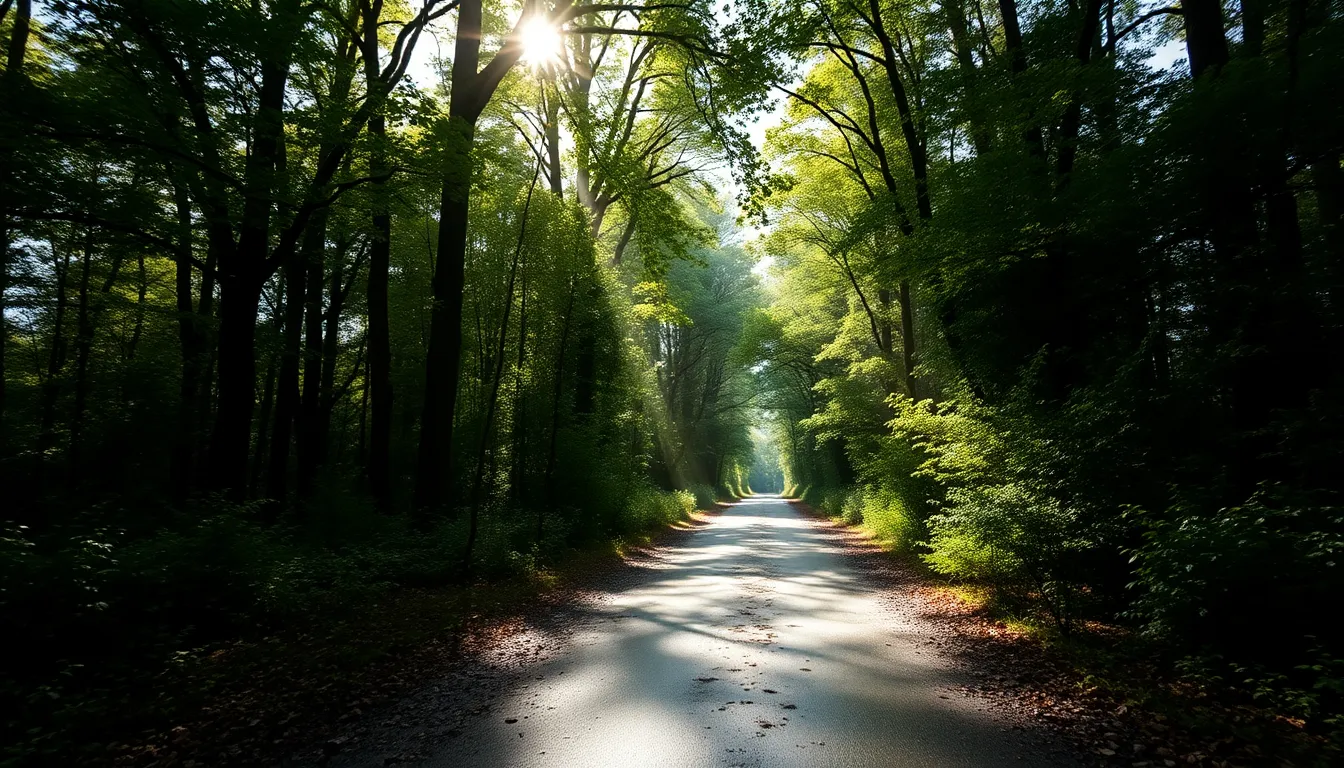 The image captures a serene forest path glistening with rain, framed by vibrant green foliage. Sunlight peeks through the tree canopy, creating dappled highlights that dance across the wet ground. The composition invites the viewer to journey down the path, surrounded by the rich colors of nature revitalized by rain. This scene evokes a sense of peace and the fresh aroma of damp earth.
