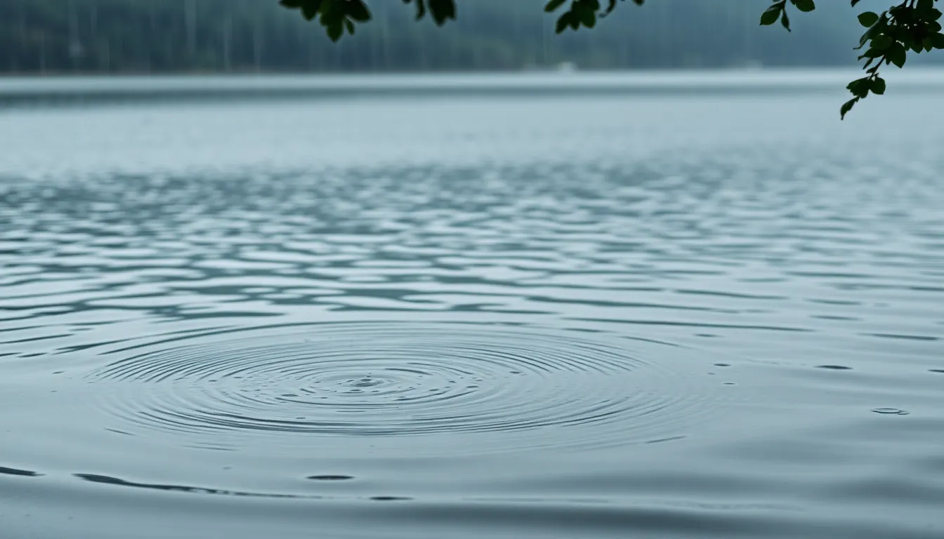 Experience the tranquility of a rain-drenched lakeside scene, where gentle ripples disrupt the surface of the water. Captured under soft, diffused daylight, this image evokes a sense of calm and reflection. The muted blues and grays of the color palette complement the serene mood, inviting viewers to immerse themselves in nature's peaceful embrace. The composition skillfully uses leading lines of the lake's edge to guide the eye toward the tranquil horizon.