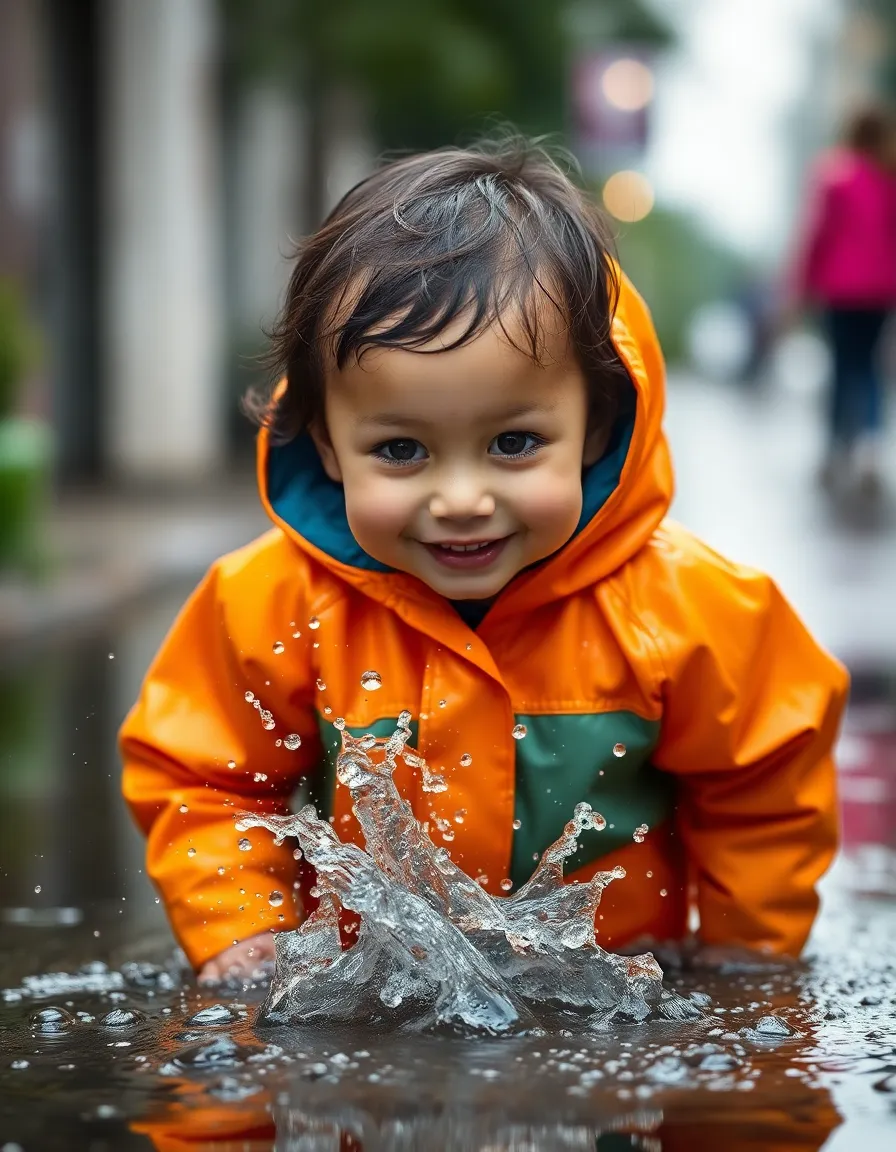 This delightful image captures a child in a bright raincoat joyfully splashing in puddles during a gentle rain. The child's face beams with happiness, showcasing pure joy in the rain-soaked environment. Overcast daylight provides soft lighting that enhances the vibrant colors of the scene. The selective focus on the child's eyes adds emotional depth, while the blurred background creates a dreamy atmosphere. This playful moment encapsulates the spirit of childhood and the joy found in rainy days.