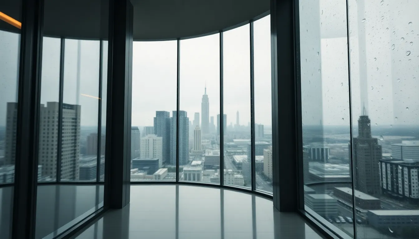 The image elegantly depicts an urban skyline viewed through a rain-streaked window, where soft reflections and blurred outlines create a moody atmosphere. The overcast lighting offers a diffuse quality, emphasizing the natural muted tones of the city. Leading lines guide the viewer’s eye towards the skyline, juxtaposed with the intricate patterns formed by raindrops on the glass. This image captures the essence of a rainy day in the city, perfect for editorial or lifestyle use.