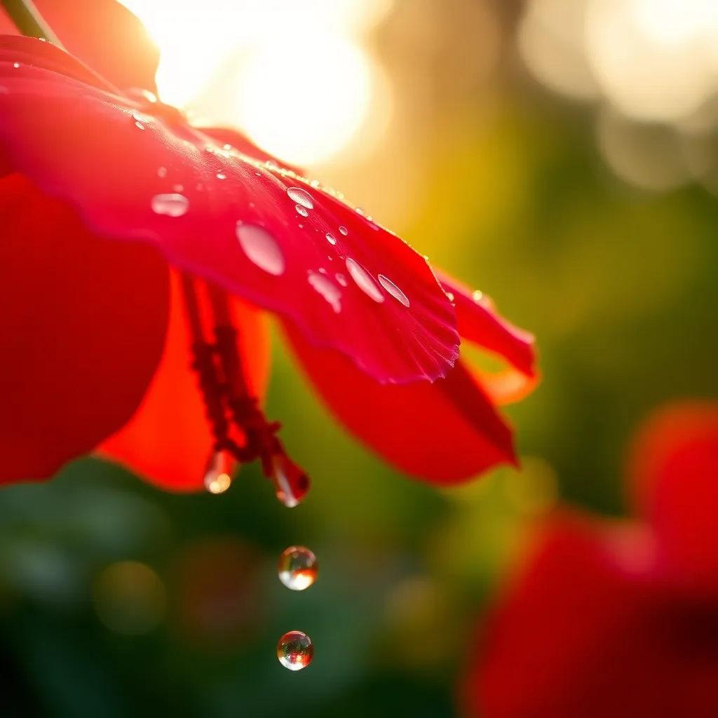 This striking close-up showcases a vibrant red flower adorned with glistening raindrops. Captured during the golden hour, the soft backlighting enhances the beauty of each droplet, creating a magical atmosphere. The shallow depth of field isolates the flower while the blurred greenery surrounding it adds depth. Rich colors and intricate textures make this image a captivating representation of nature's beauty after rain.