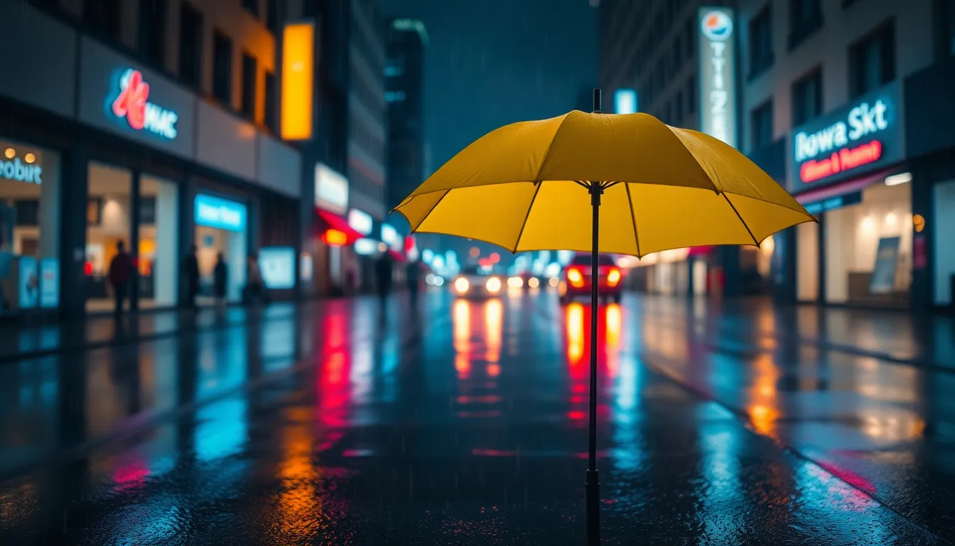 Vibrant Cityscape Under Rain