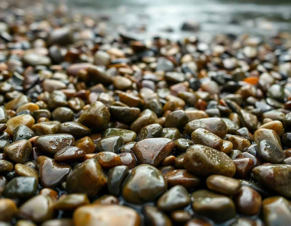 This intimate macro shot focuses on a collection of rain-soaked pebbles along a riverbank, showcasing their unique textures and colors. Illuminated by soft daylight, the glimmer of moisture adds life to the earthy tones. The shallow depth of field emphasizes the details of each pebble while gently blurring the background. The angled composition creates interest and invites viewers to explore this quiet corner of nature.