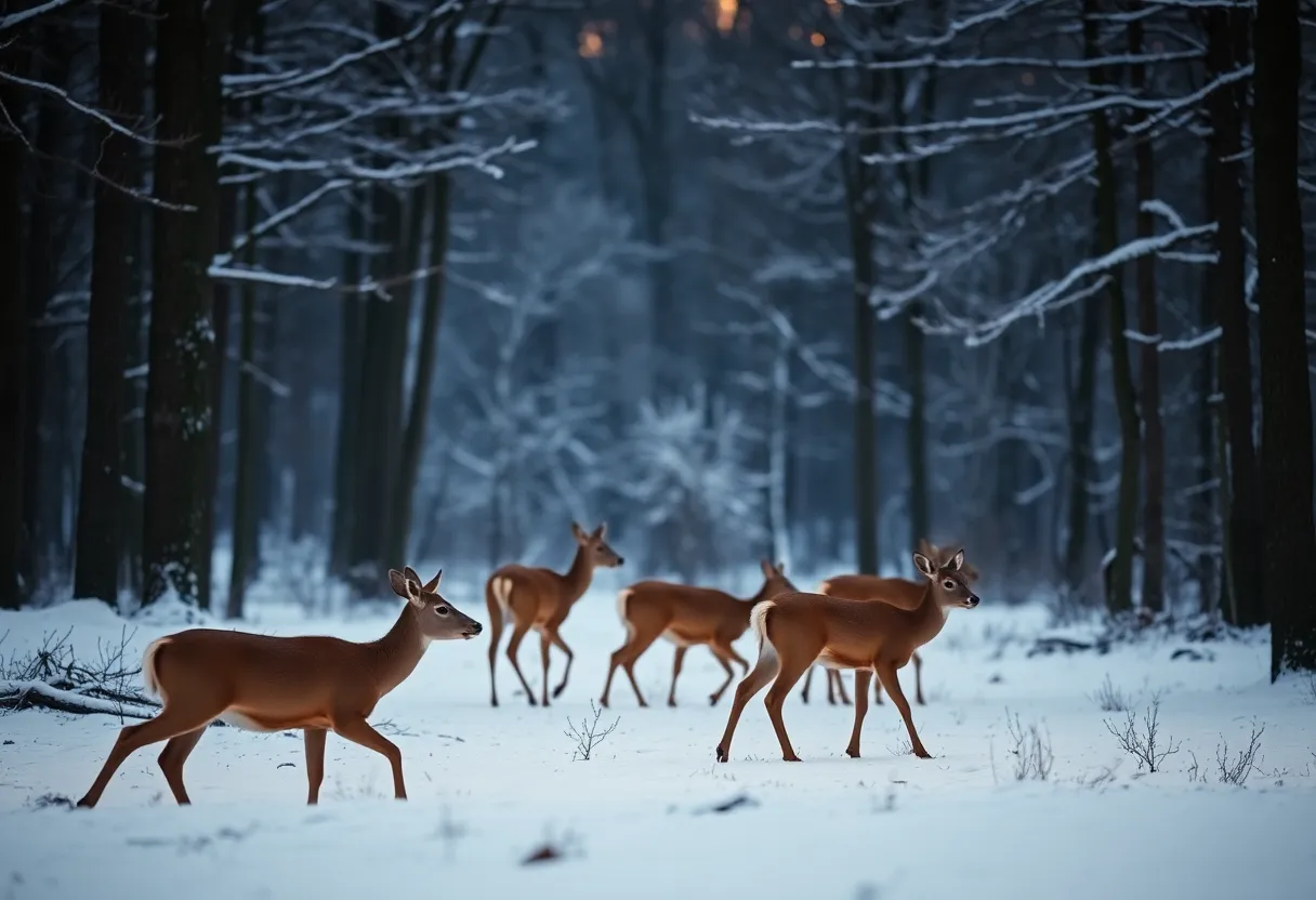 Twilight in a Snowy Forest This tranquil image captures a snowy forest during twilight, where the pastel colors of a fading sun reflect gently off the snow-covered trees. With a centered symmetrical composition, the scene exudes a calming ambiance perfect for evoking feelings of peace and solitude. The soft textures of the snow contrast beautifully with the rugged bark of the trees, while the color palette of purples, blues, and whites creates a serene winter atmosphere. Ideal for winter-themed projects and contemplative settings.